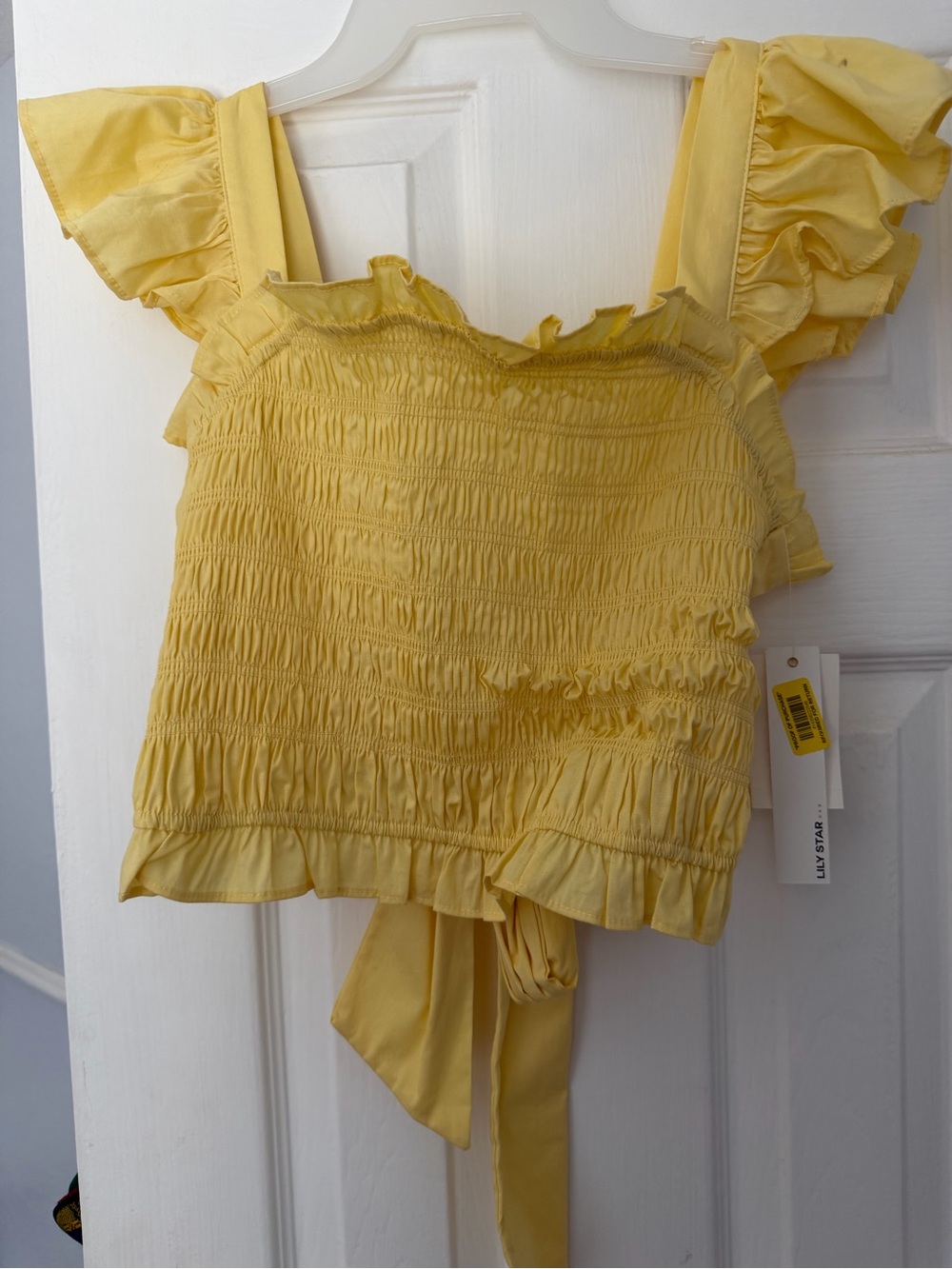 Lily Star Yellow Ruffle Smocked Tie-Back Crop Top